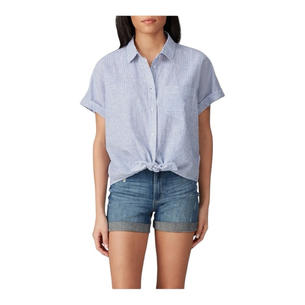 DL1961 Chrystie Street Top Blouse Tie Front Blue White Stripe Linen Blend Size M